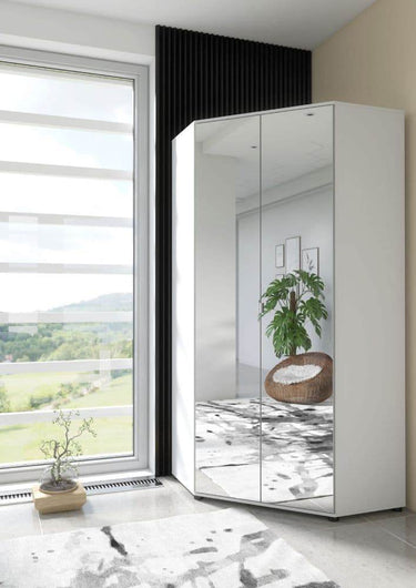 Santino White Mirrored 2-Door Corner Wardrobe: Elegant Space-Saving Bedroom Storage Solution - UK Luxury Furniture